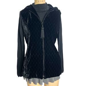Chico’s Velvet Quilted Zip Vest Black Tassel Detail Size M